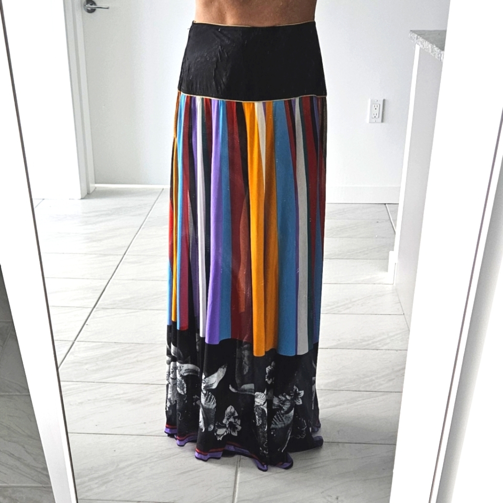 Vintage GOTTEX 70's Bold Color Stripe Contrast Black White Floral Maxi Skirt